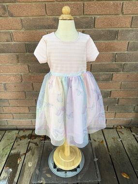 Blueberi Boulevard Pale Pink Ribbed Dress with Unicorn and Butterfly Trim Size 6